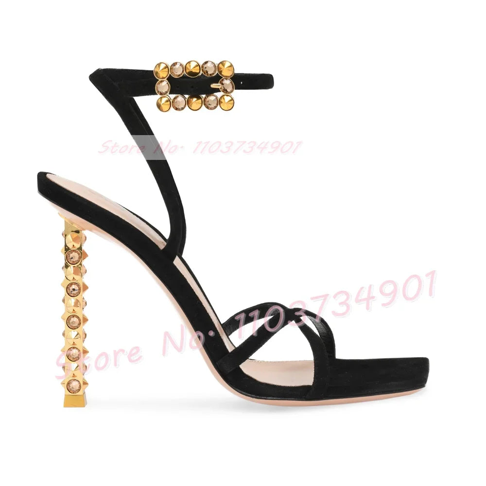 Metal Heels With Rivets Sandals Women Belt Buckle Square Toe Ankle Strap Stiletto Shoes Lady Sexy Luxury Party Elegant Sandals
