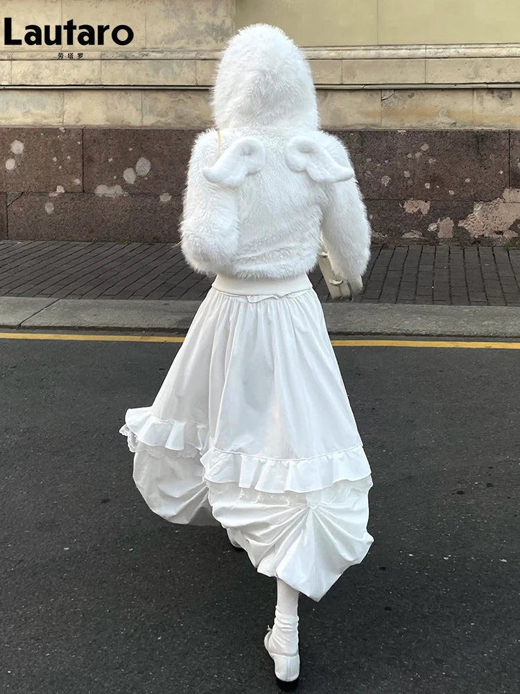Lautaro Autumn Winter Thick Warm Sweet Cute White Short Faux Fur Coat Hoodie Women with Fairy Angel Zipper Fitted Fluffy Jacket
