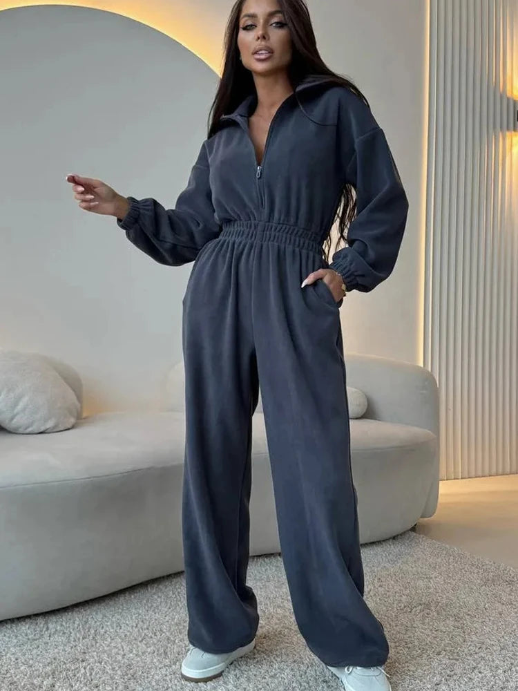 FSMG Casual Long Sleeve Half-Zip Sports Jumpsuits Women's Solid Loose Lapel Elastic Waist Tracksuits Comfy One-Piece Lounge Set
