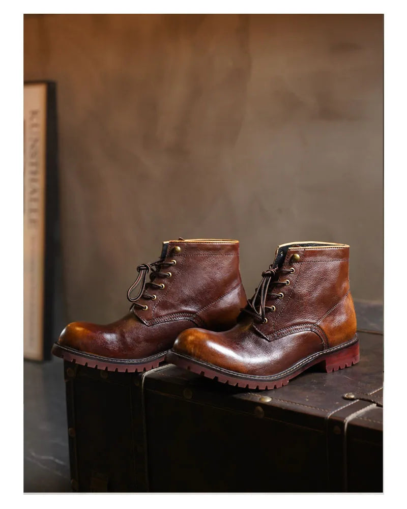 Fashion Men's Genuine Leather Motorcycle Boots British Brogue Shoes High-top Round Toe Mid-calf Chelsea Western Riding Boots