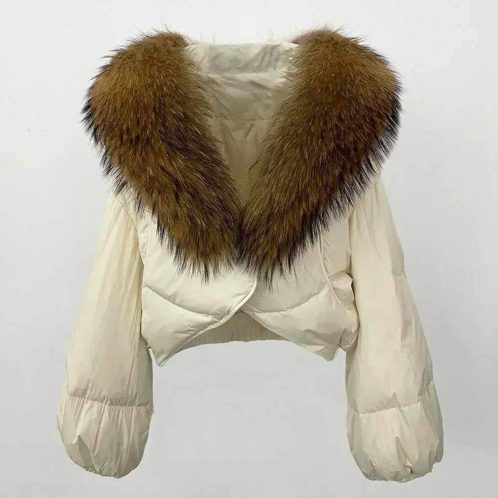 Winter Female White Duck Down Jacket Luxury Loose Short Fashion Casual Women Warm Real Fox Fur Coat Long Sleeve Puffer Jacket