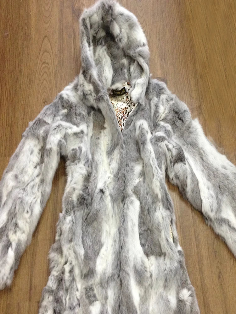 2025 New Luxury Big Hood Real Rabbit Fur Coat For Women Factory Wholesale Full Pelt Nature Ladies Rabbit Fur Overcoat NZ101