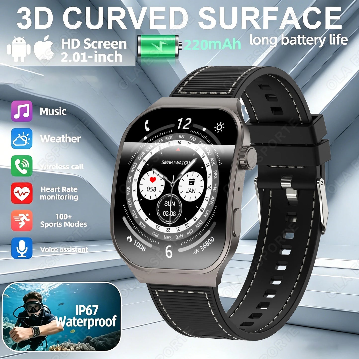 New Curved Screen Women's Smart Watch 2.01'' AMOLED HD Touch Screen Bluetooth5.3 Voice Call Men's Fitness Smart Watch Woman Hw12