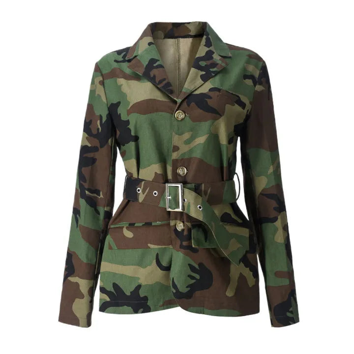 Women Camouflage Coats Belted Jacket Long Sleeves Notch Lapel Collar Single Breasted Slim Streetwear Casual 2025 Spring Autumn