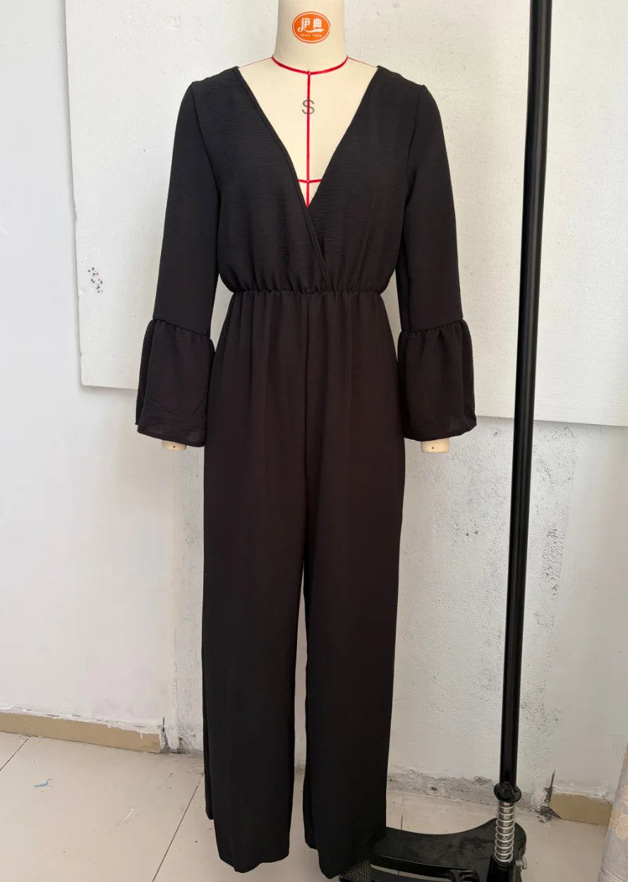 Women Sexy Deep V Neck Flare Sleeve Jumpsuits Spring Autumn Solid Crinkle High Waist Loose Casual Holiday Wide Leg Pants Romper