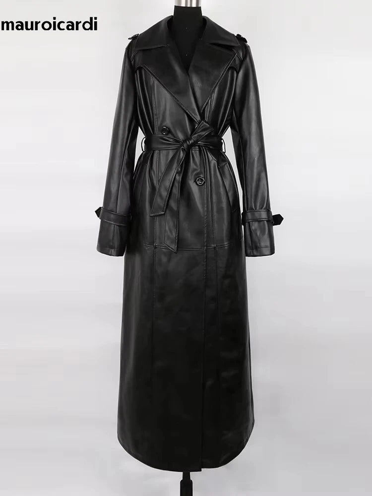 Mauroicardi Spring Autumn Waterproof Black Soft Pu Leather Trench Coat for Women Belt Double Breasted Floor Length Overcoat 2025