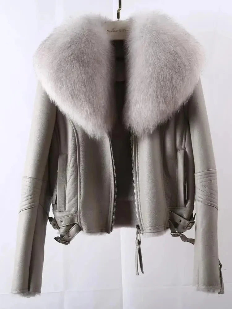 OFTBUY Hot Sales Sheepskin Fur Coat Fashion New Winter Real Leather Jacket Raccoon Fur Collar Women Clothing Integrated Fur Coat