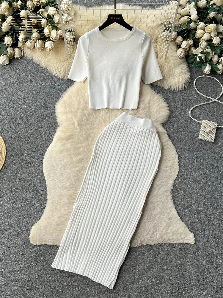 SINGREINY Casual Two Piece Sets Women Summer O Neck Top Elastic Waist Long Skirt Fashion Office Lady Korean Knit Suit