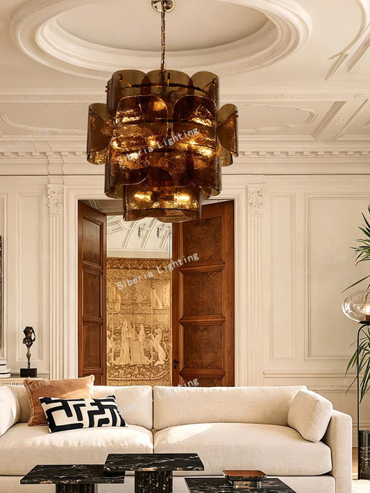 Living Room Brown Glass Hanging Lamp for Ceiling Led Home Decor Designer Pendant Lights Cottage Luxury Chandelier Lustre