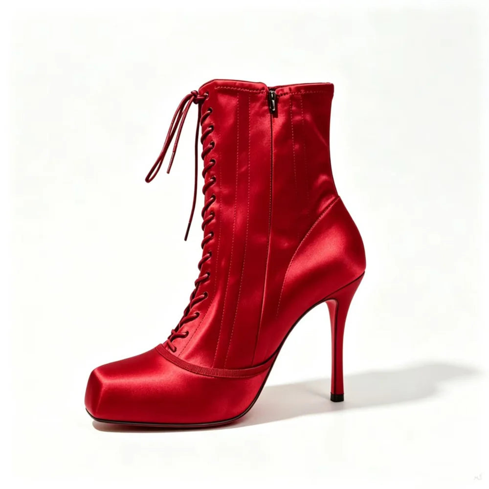 Women Square Toe Lace‑Up Ankle Booties Stiletto High Heels Platform Fashion Party Nightclub Ladies Dress Shoes Zapatos Mujer