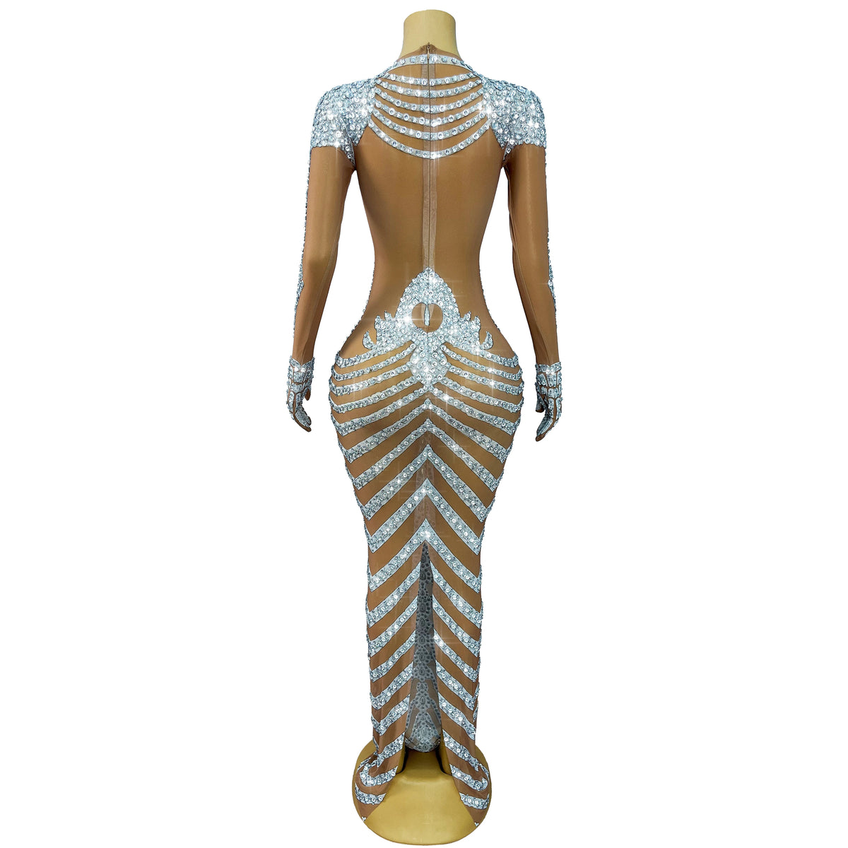 Fashion Skeleton Pattern Designed Shining Rhinestones Mesh Dress Women Halloween Party Celebrate Show Stage Outfit Kulouwang