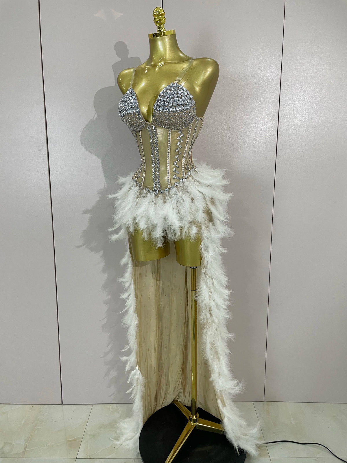 Sparkly Rhinestones Feathers Long Tail Bodysuits Sexy Mesh Transparent Stage Dress Evening Party Celebrate Luxury Birthday Dress