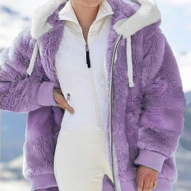 Women's Plush Hooded Drawstring Coat Autumn Winter Fashion Casual Zipper Long Sleeve Pocket Solid Color Ladies Jacket