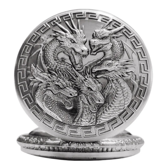 Vintage Steampunk Handsome Dragon Group Carved Quartz Pocket Watch Necklace Pendant Clock Chain Men's and Women's Gifts