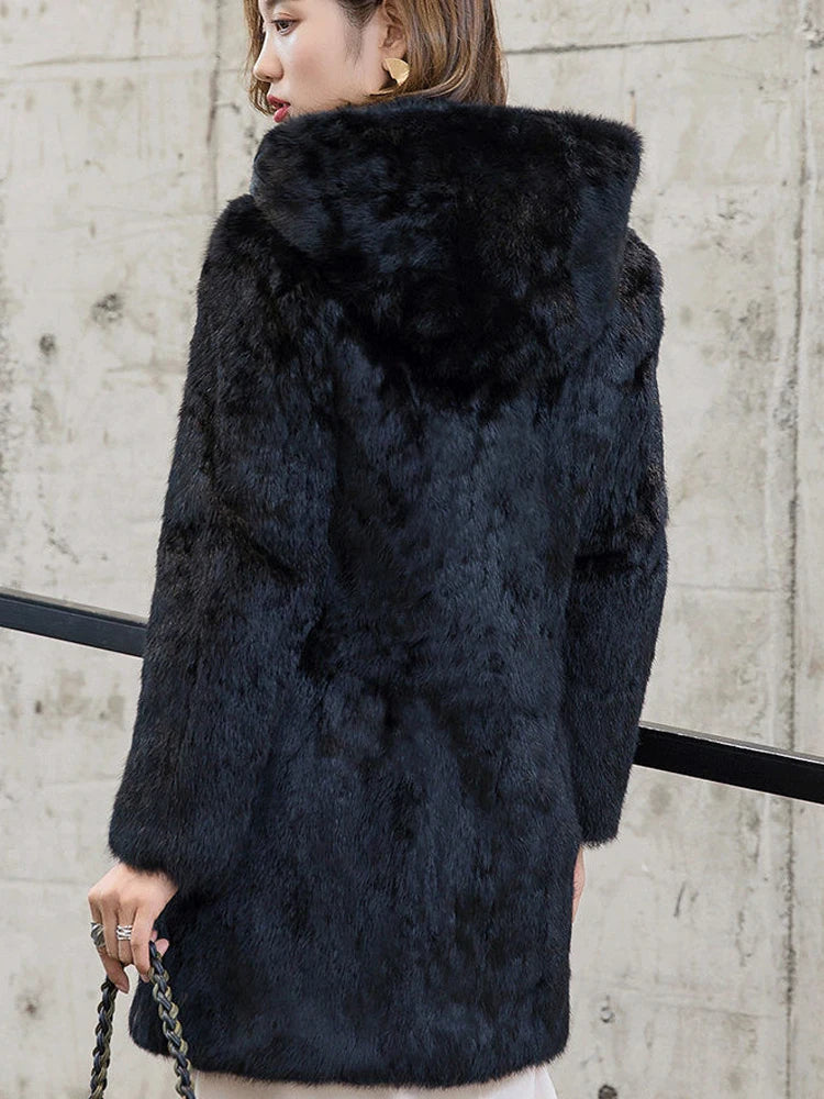 2025 New Luxury Big Hood Real Rabbit Fur Coat For Women Factory Wholesale Full Pelt Nature Ladies Rabbit Fur Overcoat NZ101