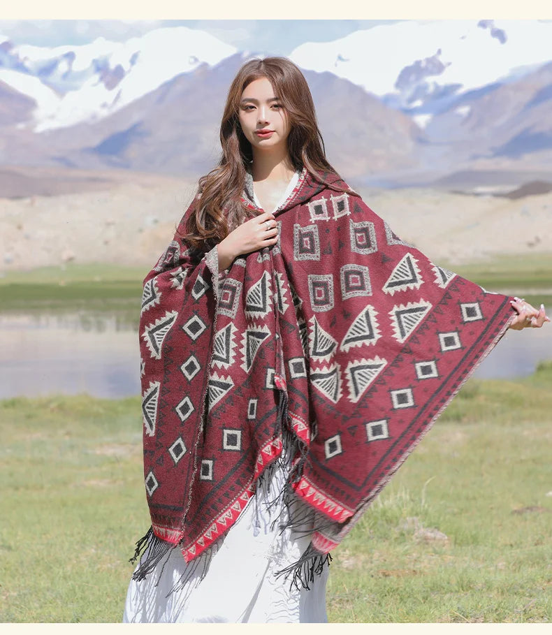 GypsyLady Bohemian Vintage Chic Cloaks Capes Hooded Blue Women Autumn Warm Knitted Ethnic Capes Tassels Cloak Poncho Outwear New