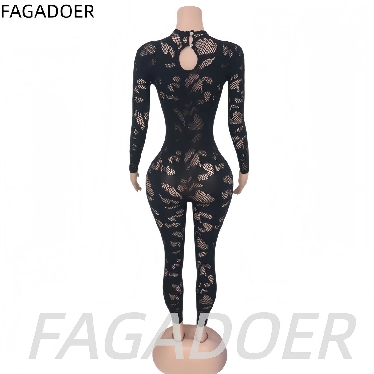 FAGADOER Sexy Lace See Through Patchwork Bodycon Jumpsuits for Woman Hollow-out Long Sleeves Rompers Female Streetwear Overalls