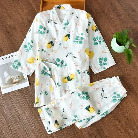 2026 new seven-sleeve Japanese-style kimono pajamas set female spring and autumn 100% cotton gauze home clothes cute sweet two-p