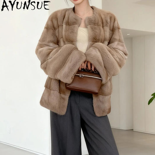 AYUSNUE Natural Female Mink Fur Coat Women Clothes Vintage Winter Jacket Whole Mink Real Fur Coat Warm New in Coats Шуба Женская