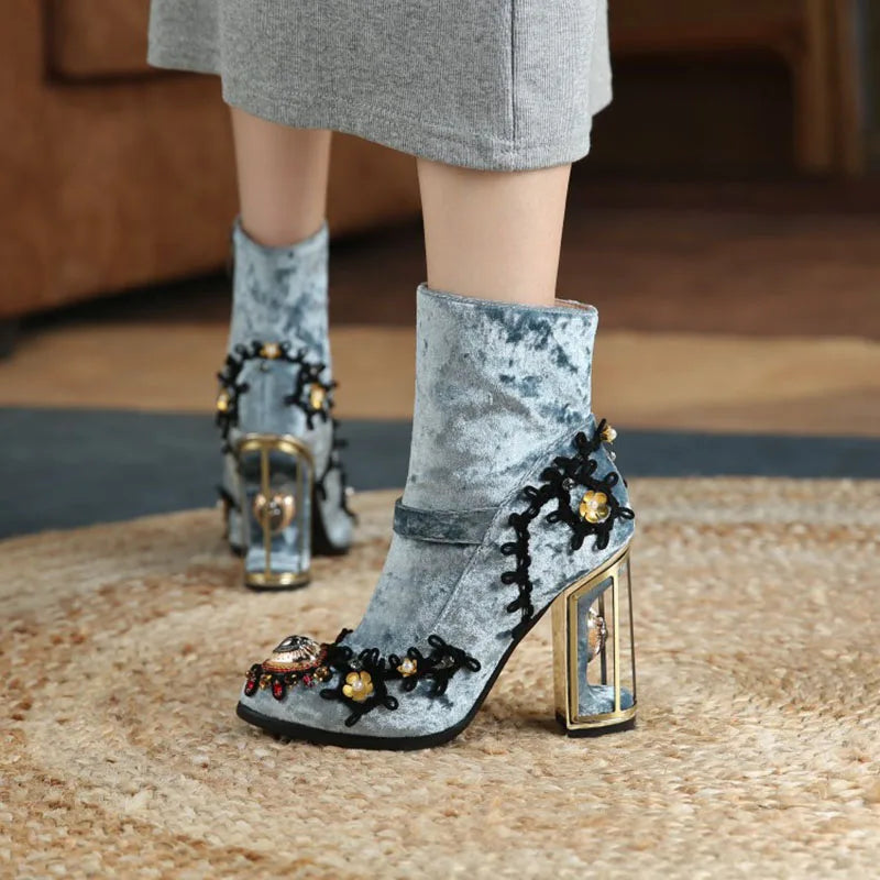 Blue Ladies Party Shoes Velvet Crystal Women's Short Boots For Wedding Plus Size Retro Strange Heels Phoentin FT1671-1