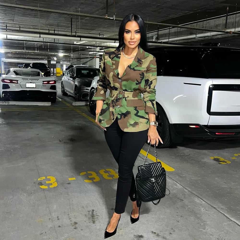 Women Camouflage Coats Belted Jacket Long Sleeves Notch Lapel Collar Single Breasted Slim Streetwear Casual 2025 Spring Autumn