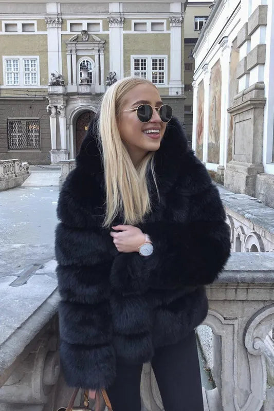 Fashion Winter Women Imitation Fox Fur Jacket Hooded Loose Long Sleeves Female Eco Fur Coat Patchwork Plush Thick Lady Fur Coat