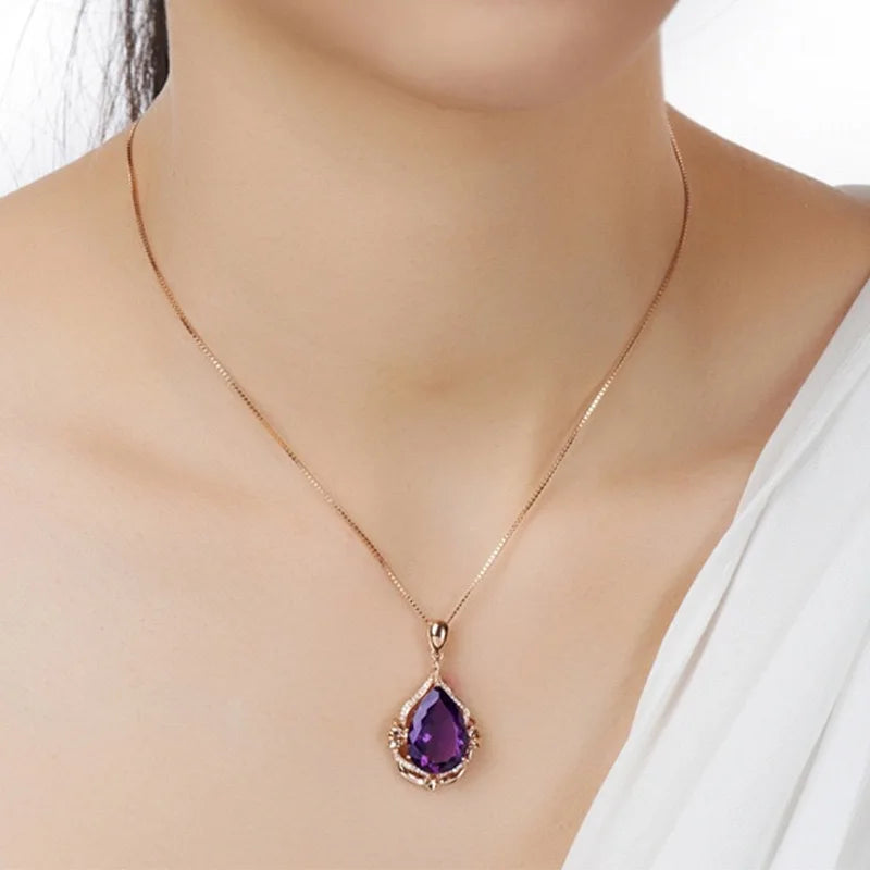 Natural Deep Purple Amethyst Pendant 18K Gold Plated Colored Gemstone Material Fashionable Jewelry Diamond Necklace