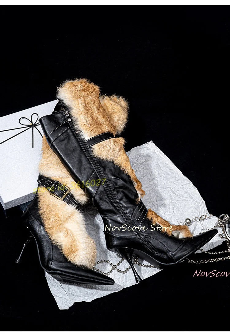 Pointy Toe Faux Furry Knee High Botos Stiletto High Heels Cross Straps Buckle Sexy Women Dress Party Knee High Boots Winter