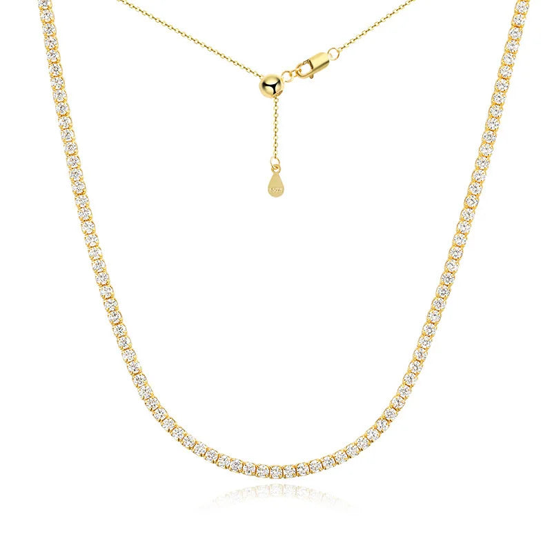 KNOBSPIN 2mm Moissanite Tennis Necklaces for Women Solid s925 Silver Adjustable Choker Chain Wedding Diamond Rhinestone Necklace
