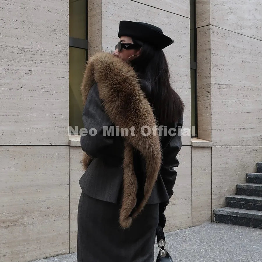 Neo Mint Luxury Brand Fashion Faux Raccoon Fur Collar Shawl Scarf Women Winter Fuzzy Plush Stole Neck Cover Wrap Accessory Women