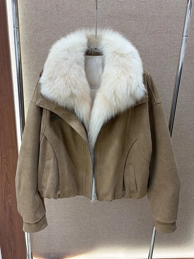 2026 New Winter Women Goose Down Jacket Natural Real Fox Fur Collar Coats Denim Puffer Jacket Outwear