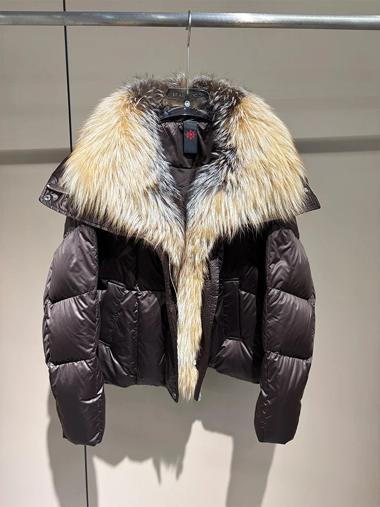 2026 New Winter Warm Women White Goose Down Jacket Real Large Fox Fur Collar Loose Short Puffer Coat Ladies Parka Outerwear
