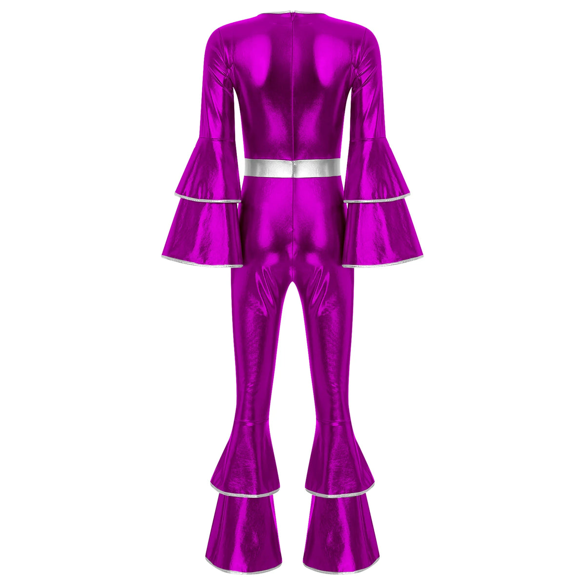 Womens 70S Disco Vintage Jumpsuit Metallic Shiny Flare Sleeve Bodysuit Hippie Bell Bottom Jazz Dance Carnival Rave Party Costume