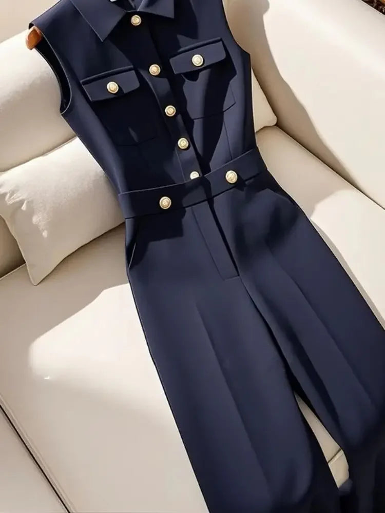 Korean Retro Polo Collar Single Breasted Pockets Navy Blue Jumpsuits Frence Fashion Office Lady All-match Summer Long Jumpsuit