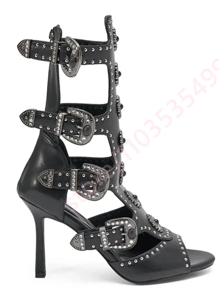 Women's 2026 Peep Toe Rhinestone Buckle Cutout Gothic Floral Mid-Calf Boots Punk Motorcycle Party Shoes with Rivets