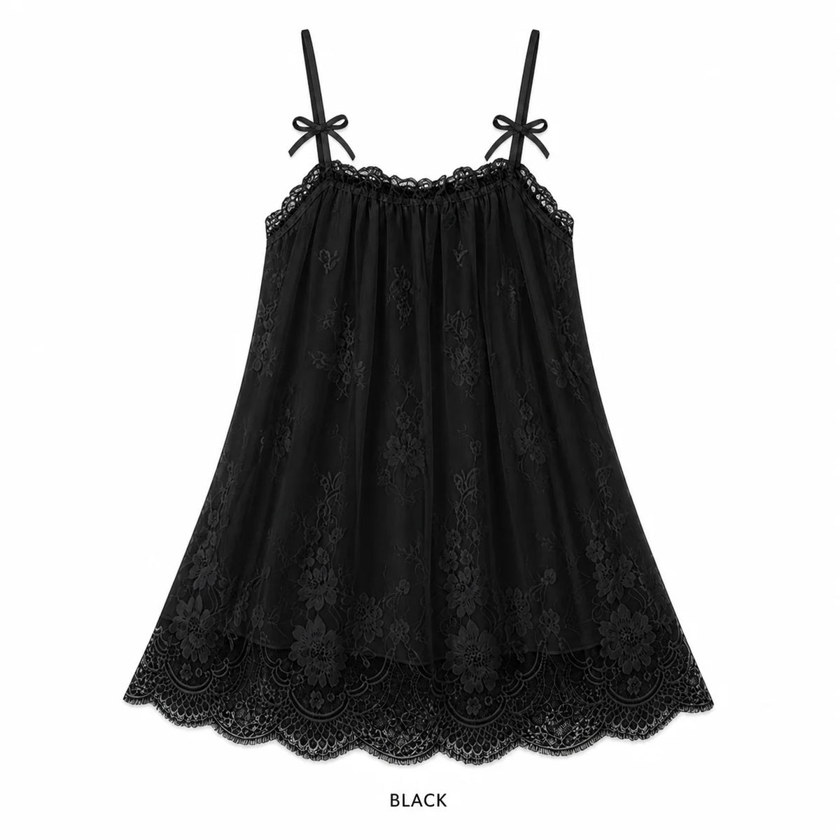Women's Floral Lace Bow Strap Sleep Dress, Short A-Line Babydoll Nightgown, One Size Loungewear in Black White Pink Green