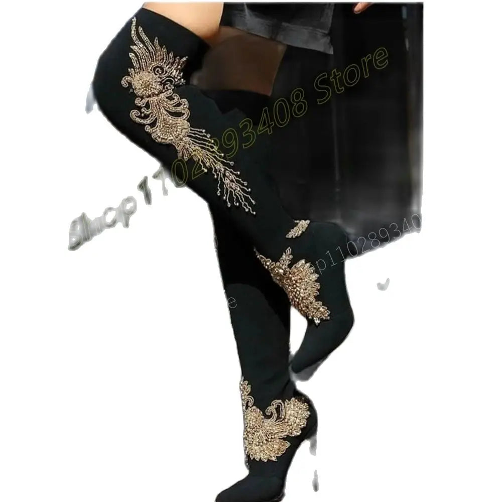 Gold Crystal Pattern Over the Knee Boots Suede Stiletto High Heel Chinese Style Fashion Women Shoes 2024 Zapatos Para Mujere