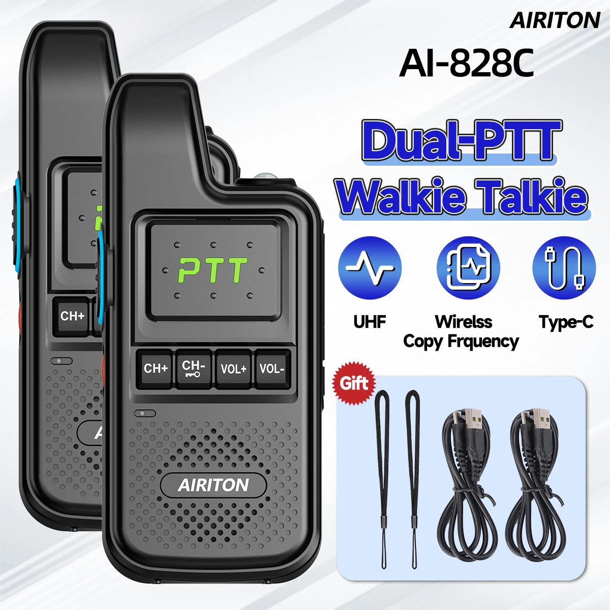 2PCS AIRITON AI-828C Mini Walkie Talkie Dual PTT Wireless Copy Frequency HD Sound Portable UHF 16 Channels Long Range Ham Radio