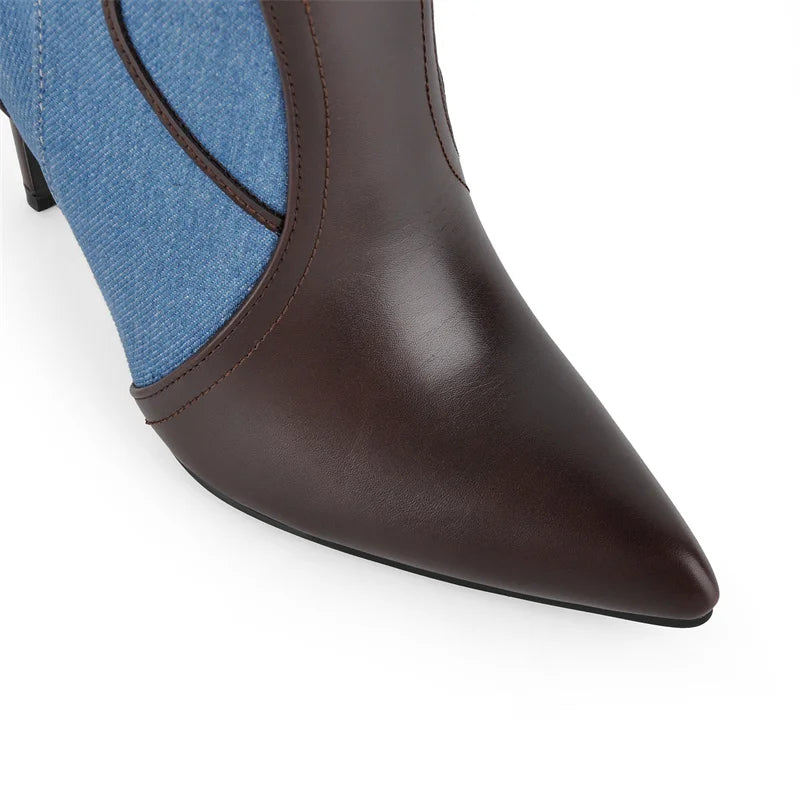 Onlymaker Women Pointed Toe Embroidered Blue Denim Stiletto Heel Knee High Boots Side Zipper Plus Size Fashion Boots