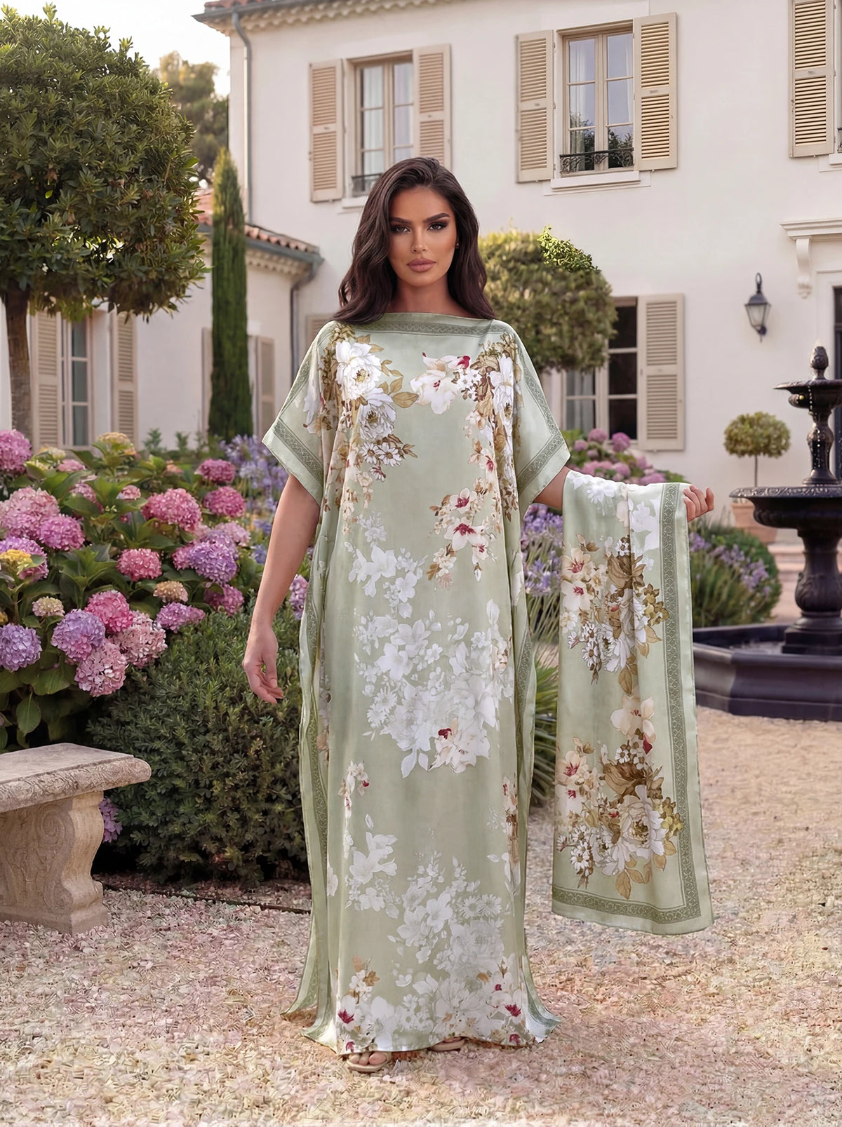 Vintage Almond Blossom Print Satin Abaya Scarf Set, Loose Batwing Long Kaftan Modest Muslim Women Summer Holiday Maxi Dress