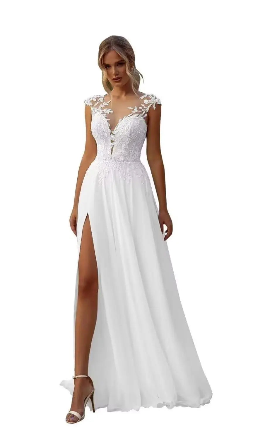 Elegant Chiffon Wedding Dresses for Bride Sheer Neck Illusion Bridal Party Gown with Slit Lace Applique Vestidos De Novia