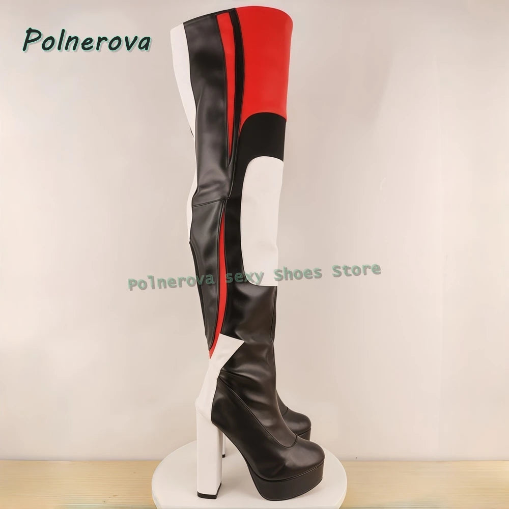 Multi Color Sexy Over The Knee Boots Round Toe Block Heels Side Zip Women Splicing Motorcycle Boots Punk Cool Style 2026 Spring