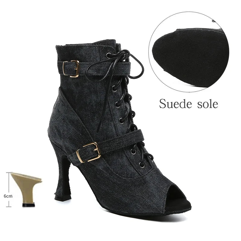 SWDZM New Ladies Dance Shoes Ballroom Dance Boots Denim Jazz Dance Shoes Girls Sexy Pole Dance Ballroom Dance Cowboy Boots