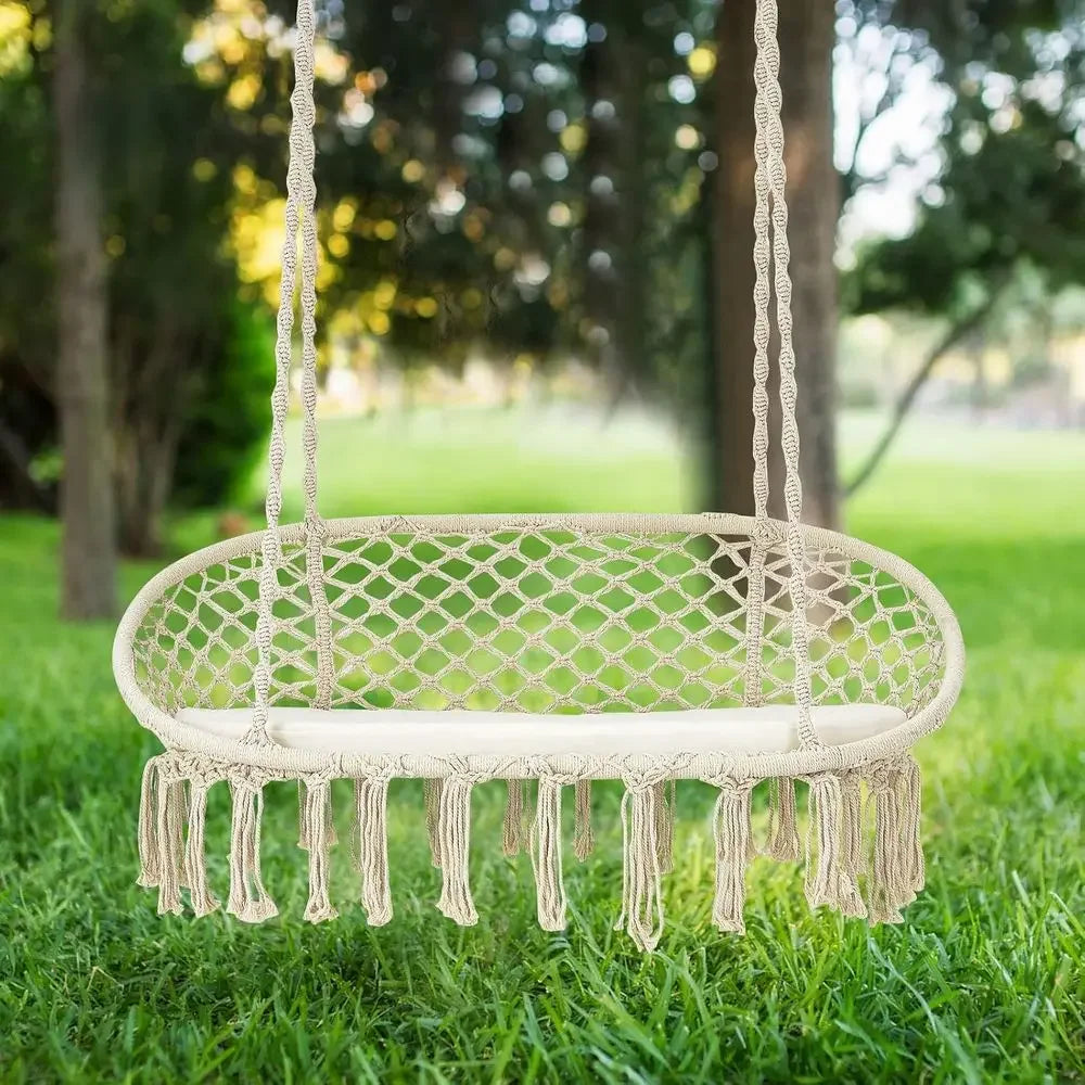 2-Seat Hammock Chair with Cushion, Cotton Ropes, and Metal Stand,440 lbs, Ideal for Indoor or Outdoor Swinging