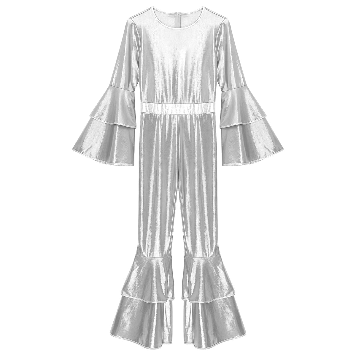 Womens 70S Disco Vintage Jumpsuit Metallic Shiny Flare Sleeve Bodysuit Hippie Bell Bottom Jazz Dance Carnival Rave Party Costume