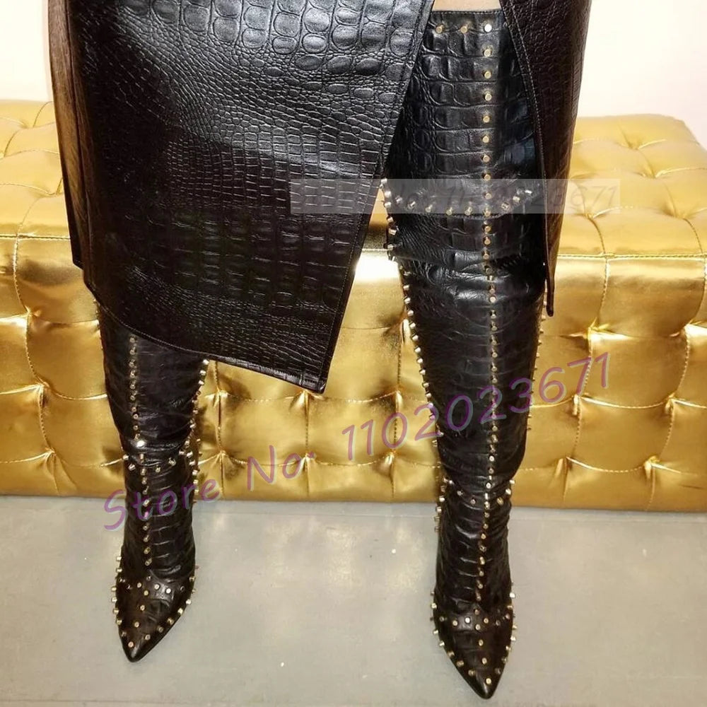 Sparkling Studded Thigh High Boots Women Sexy Metal Rivets Pointy High Heels Suede Leather Shoes Ladies Winter Fashion Boots