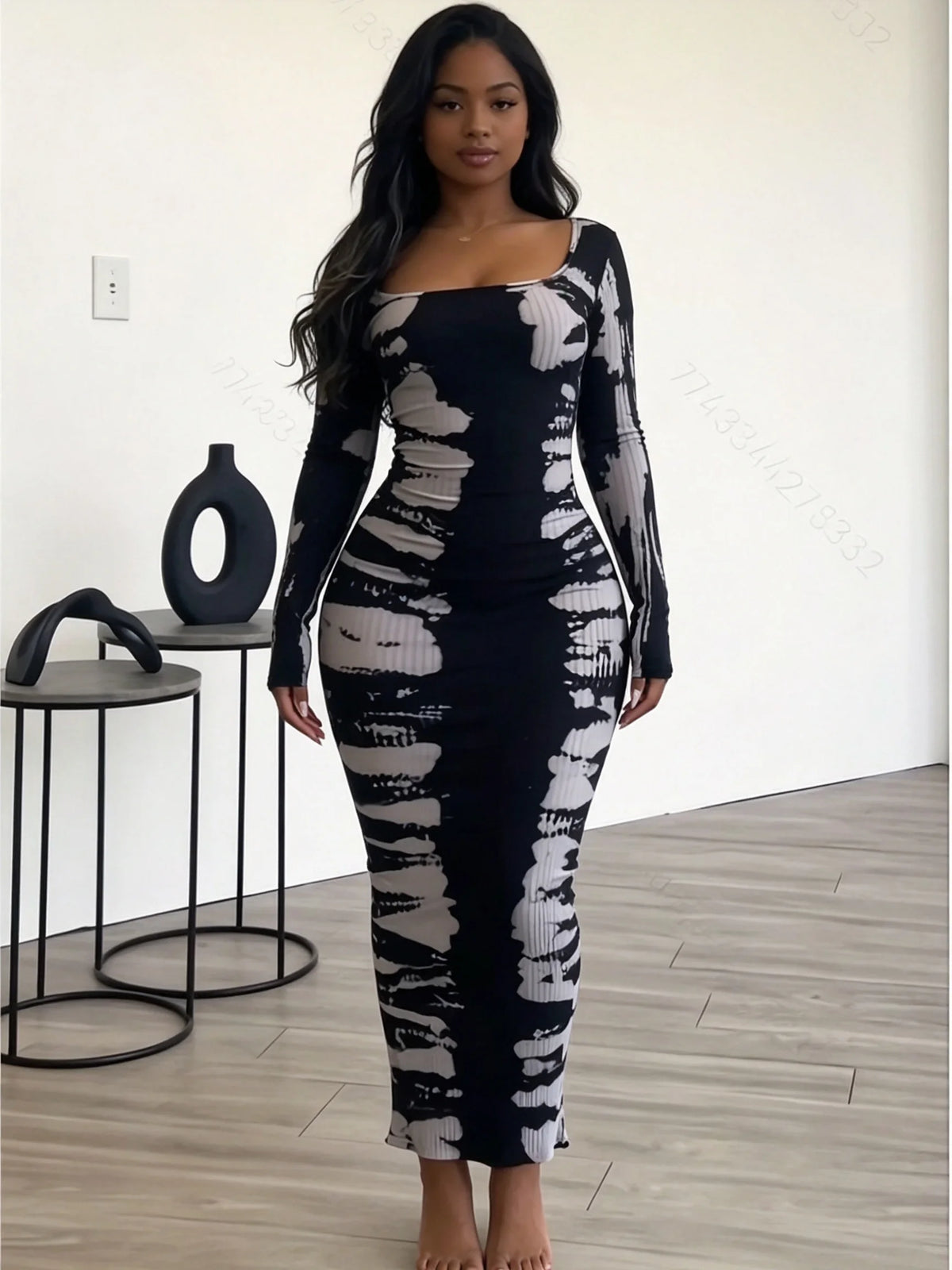 Slim Fit Hip Hugging Long Dress Square Collar Long Sleeves Waist Cinching Figure Show off Square Collar Long Skirt
