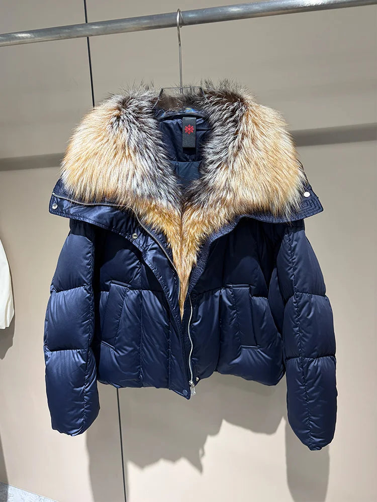 2026 New Winter Warm Women White Goose Down Jacket Real Large Fox Fur Collar Loose Short Puffer Coat Ladies Parka Outerwear