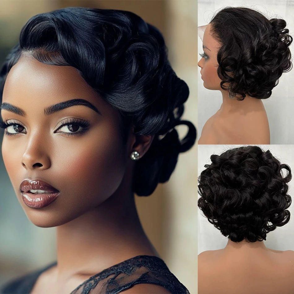 100% Human Hair Glueless Wigs 8" Short Loose Curly Glueless Pixie Cut 180% Density Brazilian Virgin Hair 13x4 Lace Frontal Wigs