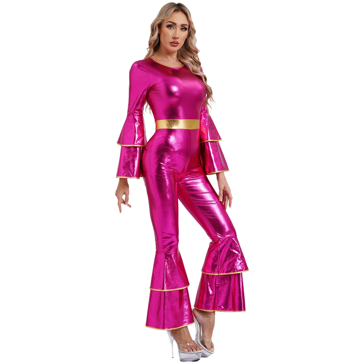 Womens 70S Disco Vintage Jumpsuit Metallic Shiny Flare Sleeve Bodysuit Hippie Bell Bottom Jazz Dance Carnival Rave Party Costume